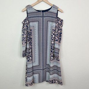AUW Women's Cold Shoulder Boho Navy Shift Dress Sz 6 Tunic Straight Fit Career